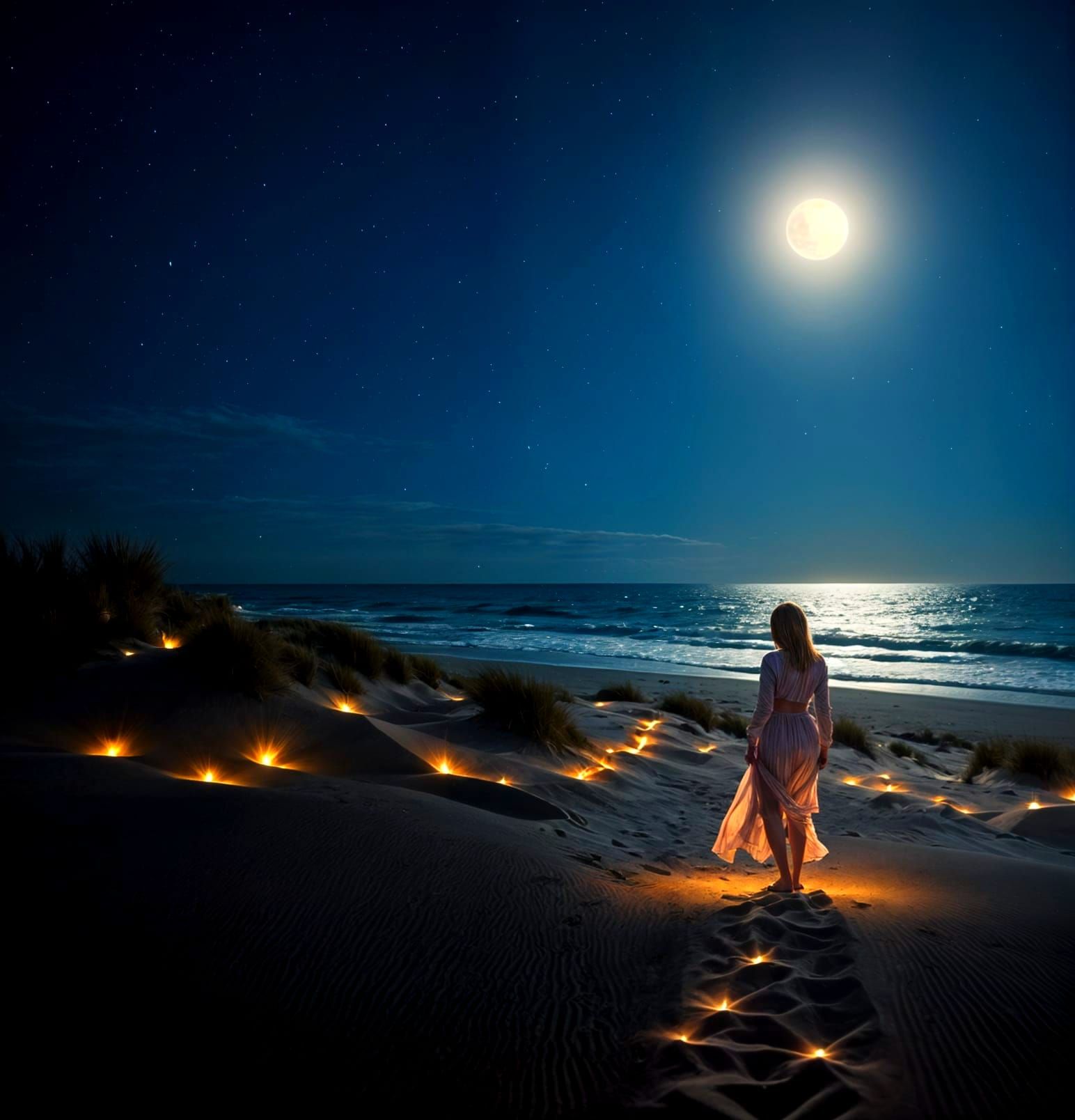 Woman Amidst Starry Dunes Under Retro-Futuristic Moonlight