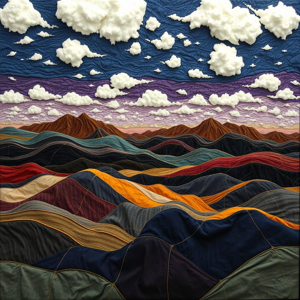 Dreamlike Fabric Landscape with Rolling Hills and Shimmering...