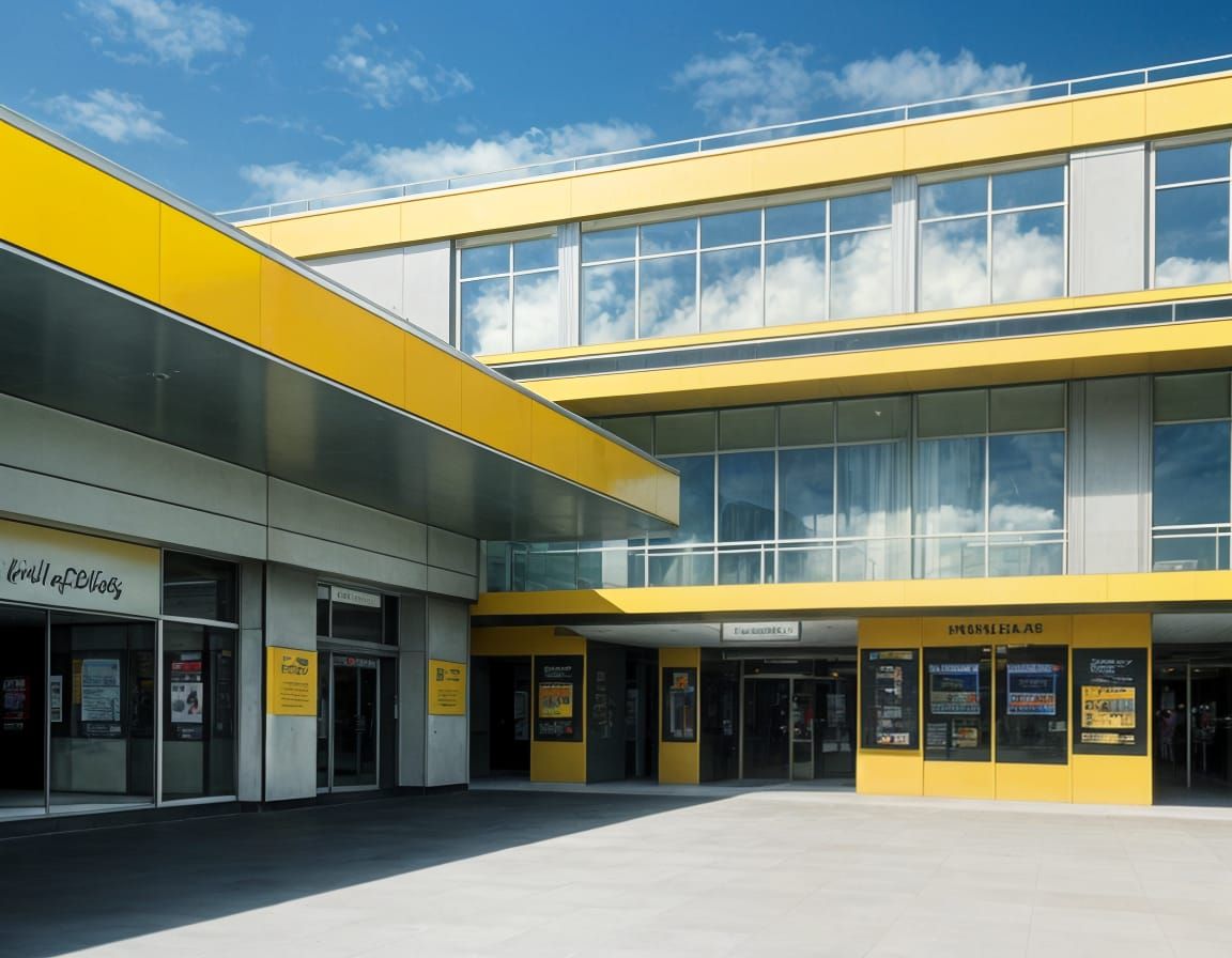 Angular 80's Mall Facade in Bright Yellow
