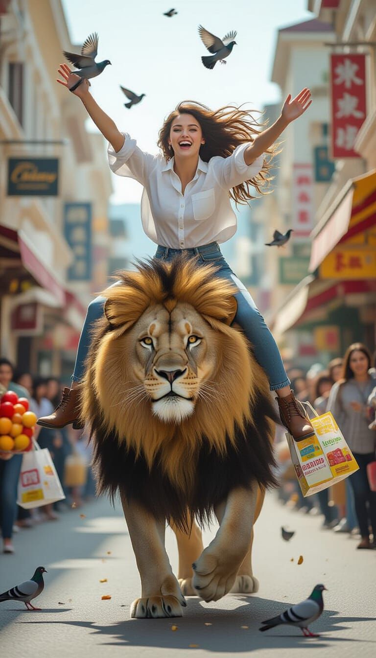 Woman Rides Lion Through Bustling Market