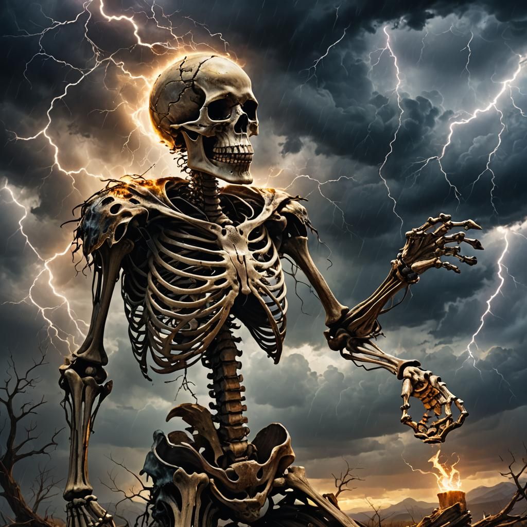 Skeleton Casting Spell Under Stormy Sky in Dark Fantasy Art