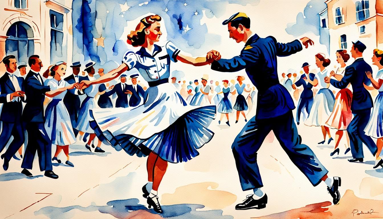 Couple Jitterbug Dancing in 1940s, Watercolor Style