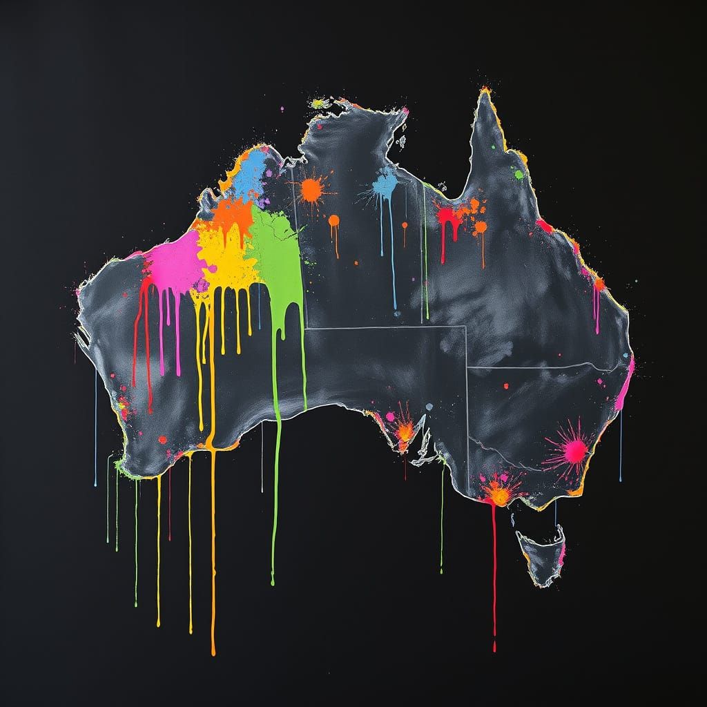 Detailed Charcoal Map of Australia with Paint Drips