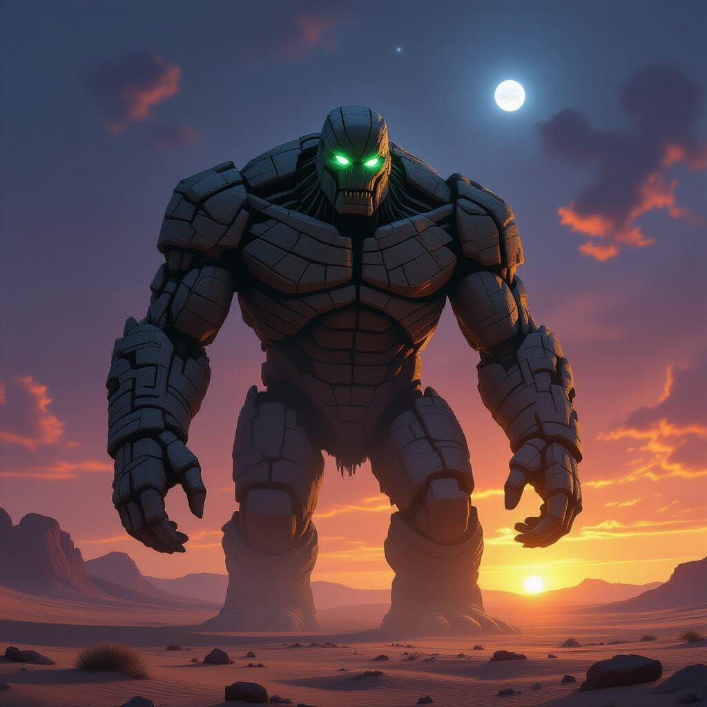 Colossal Stone Golem Awakens Under Binary Sunset