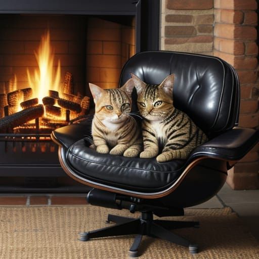 Tabby Cat Enjoys Cozy Leather Chair Near Warm Fireplace