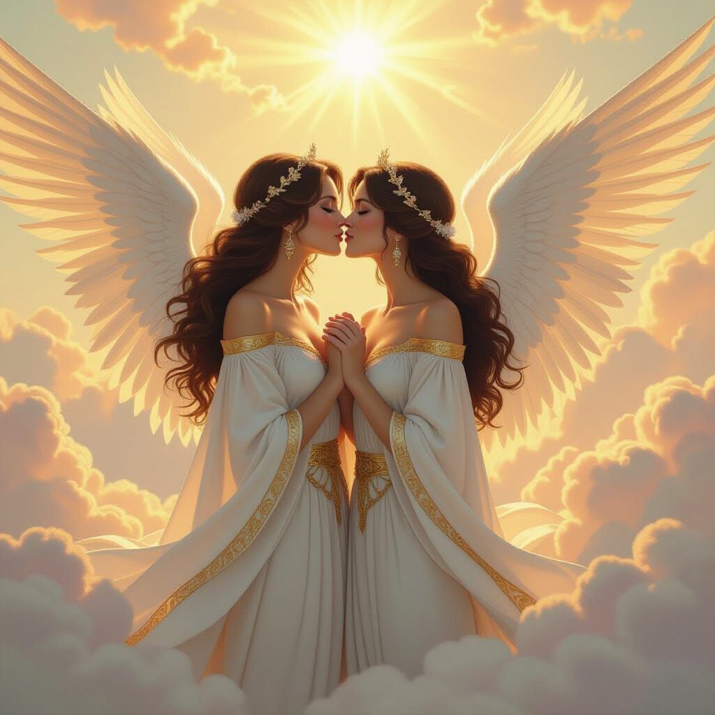 Angelic Embrace: Fantasy Oil Painting of a Tender Kiss