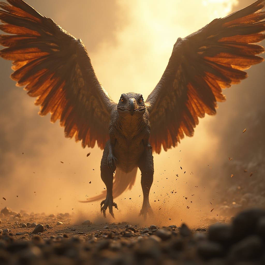 Majestic Raptor in Mid-Air Vortex, 3D Game Cinematic Style