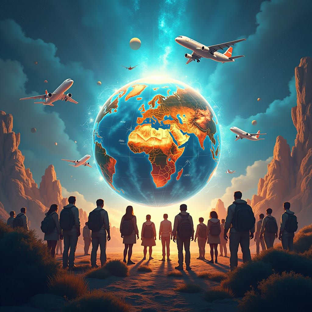 Ethereal Globe: Travelers in a Matte Painting