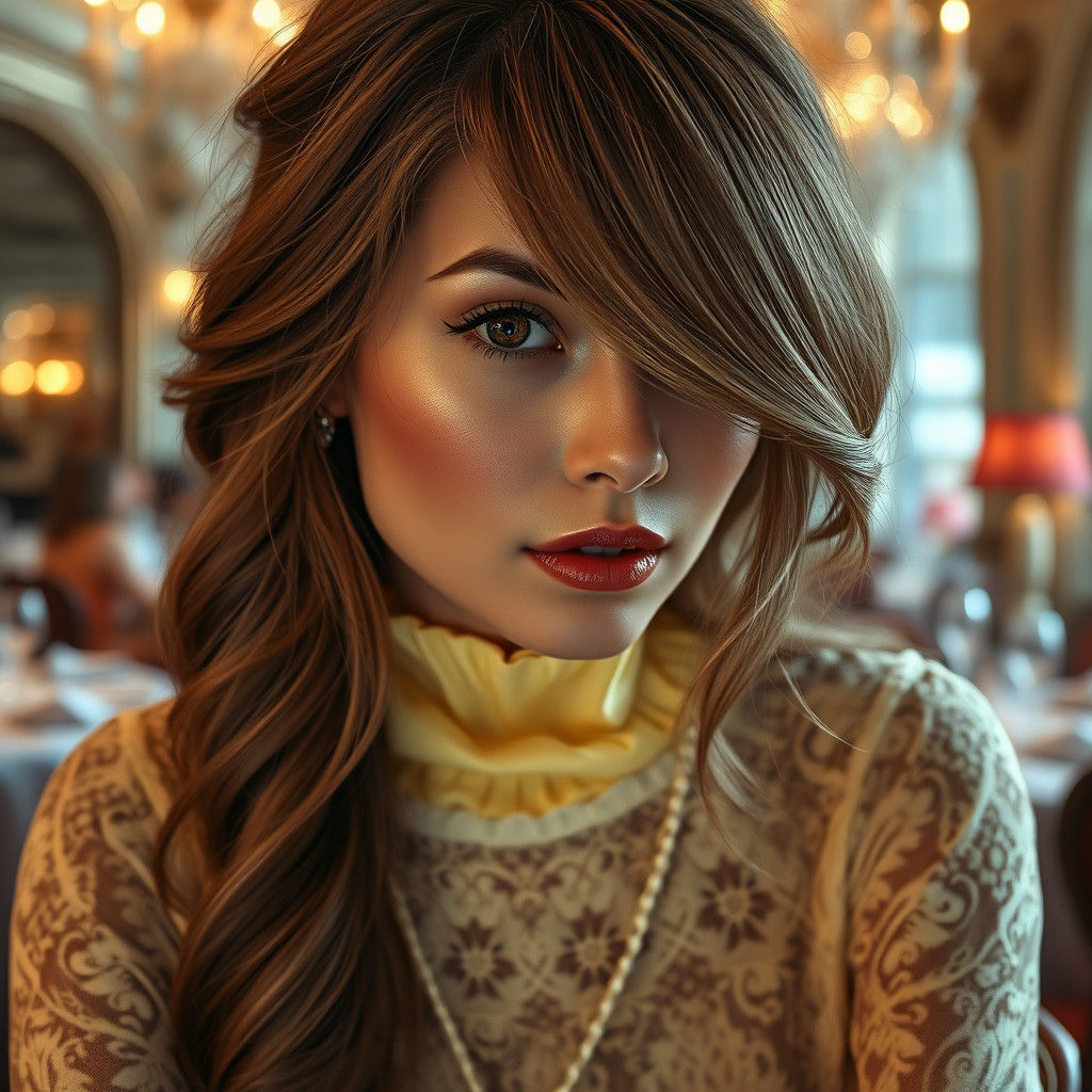 Elegant Woman in Yellow Lace Dress: Matte Painting