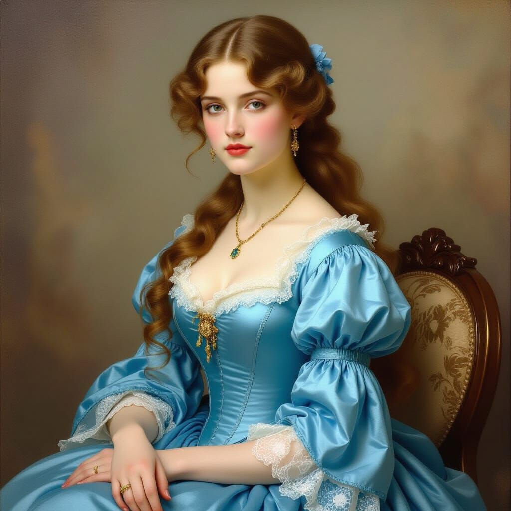 Victorian Woman in Blue Gown Oil Painting
