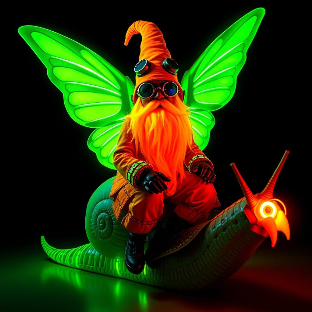 Giger-Inspired Biomechanical Gnome Rides Fluorescent Snail