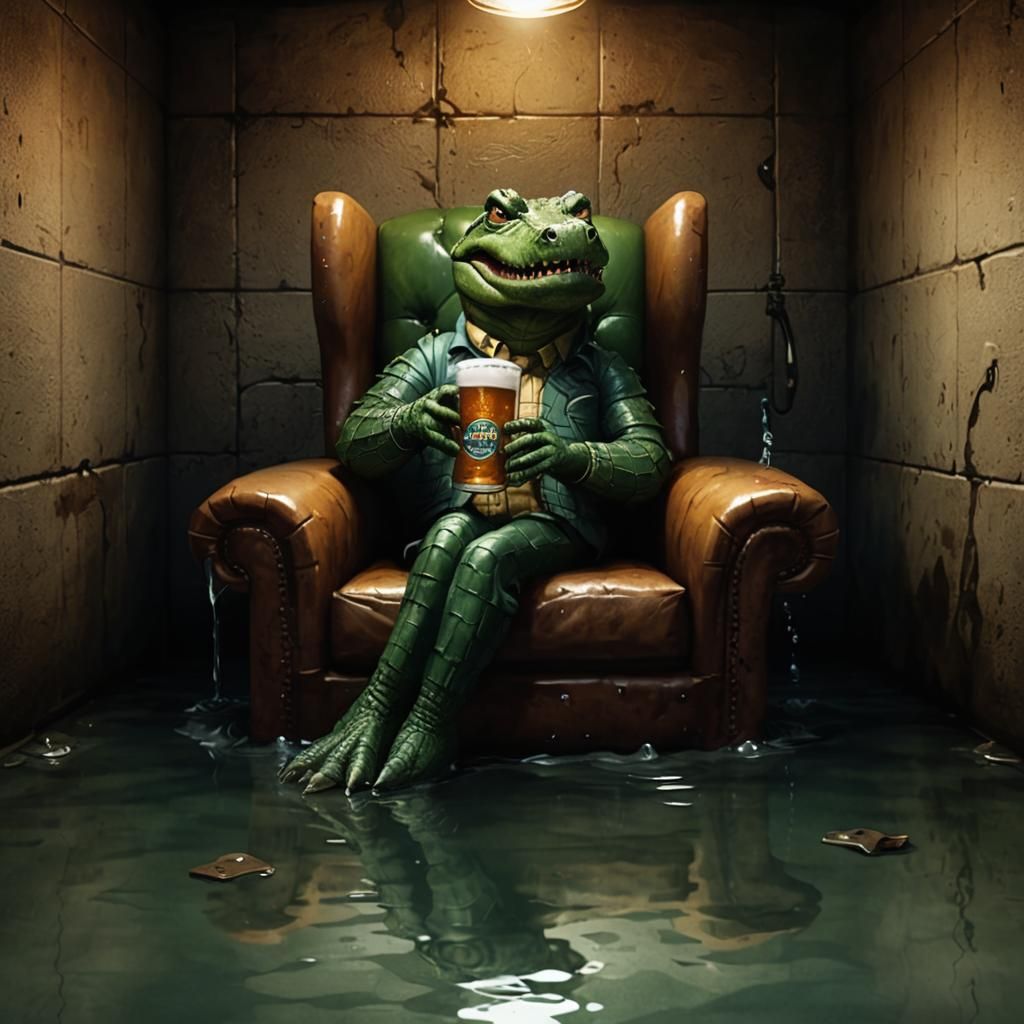 Anthropomorphic Alligator in Sewer Armchair Cartoon