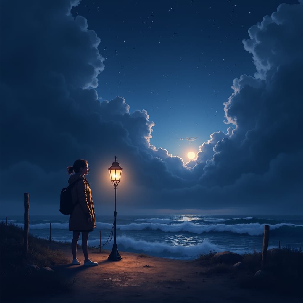 Emotional Night Scene with Lighthouse in Impressionist Style