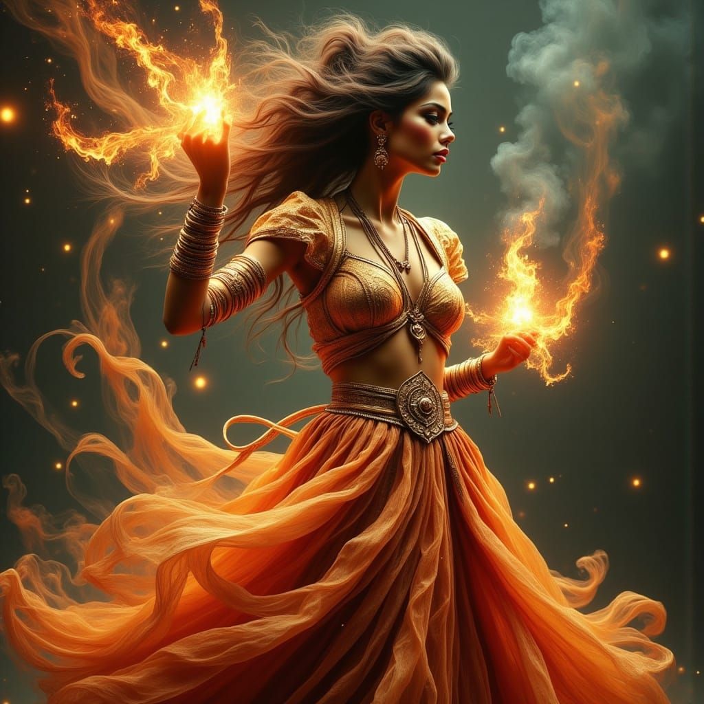 Steampunk Sari Dancer Twirls with Fiery Chakrams in a Whirlw...