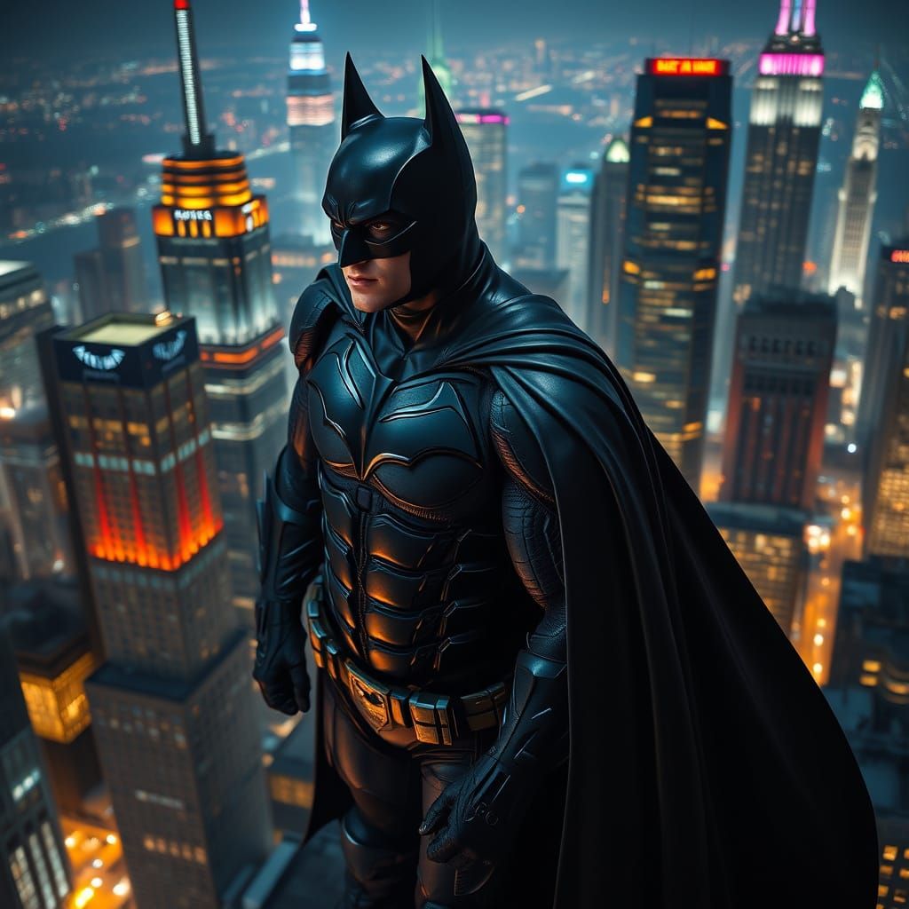 Batman Unfolds Cape Over Gotham in Photorealistic Style