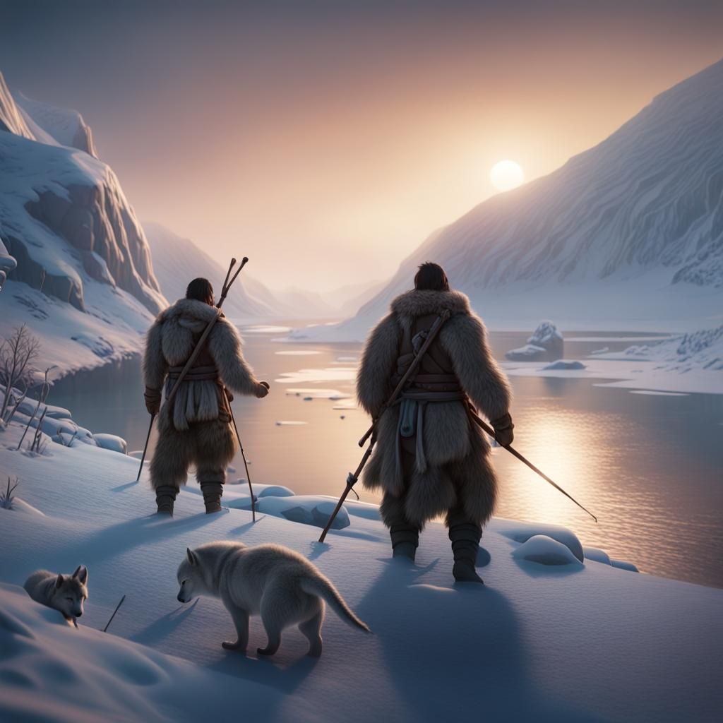 Inuit Hunters Tracking Animal in Snowy Landscape