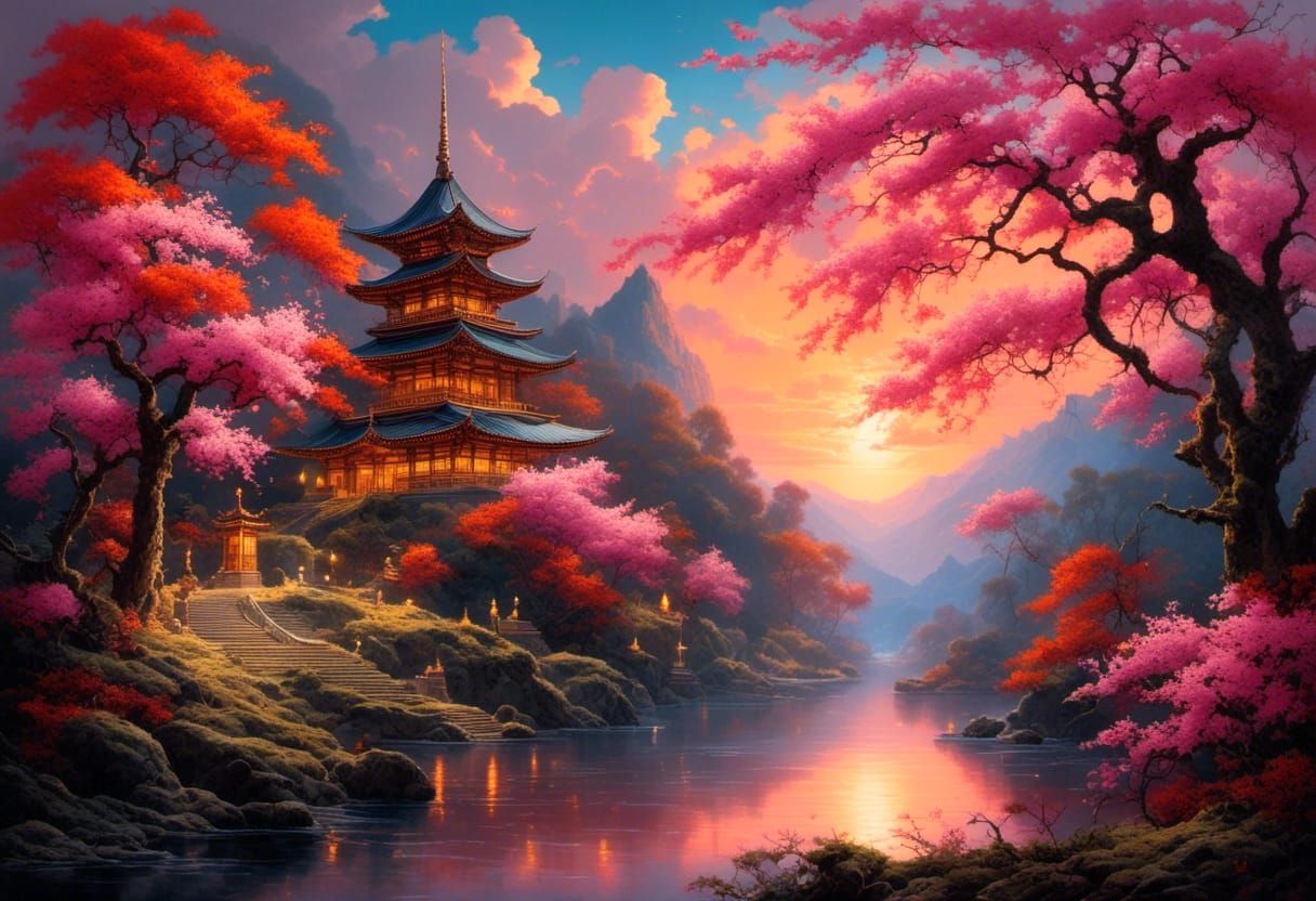 Blood Moon Cherry Blossoms in Vintage Gouache Style