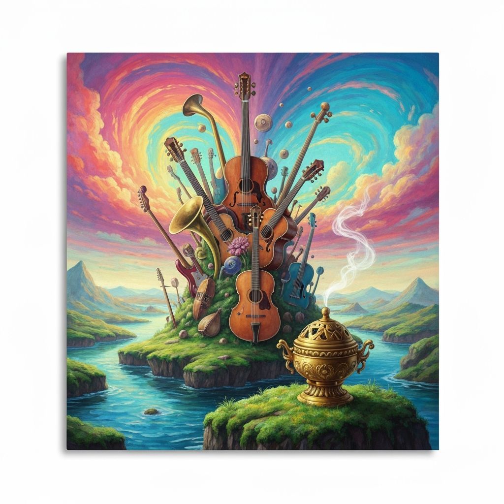 Surreal Island Landscape with Musical Flora