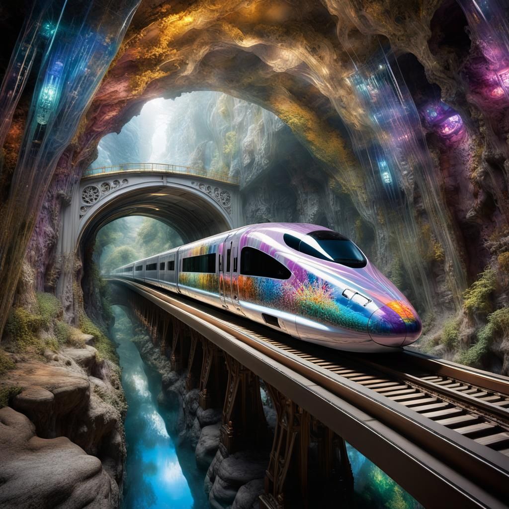 Transparent Glass Bullet Train in Cavern
