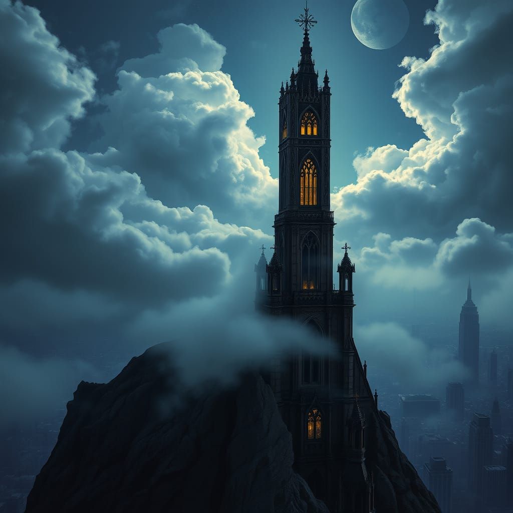 Gothic Skyscraper Pierces Misty Peak in Mystical Realism