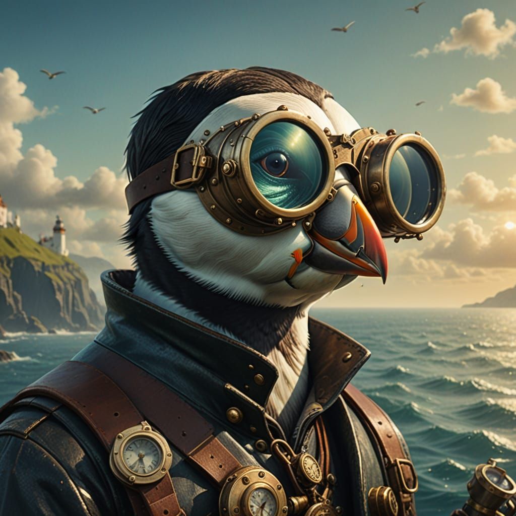 Steampunk Puffin on Cliff Edge with Goggles