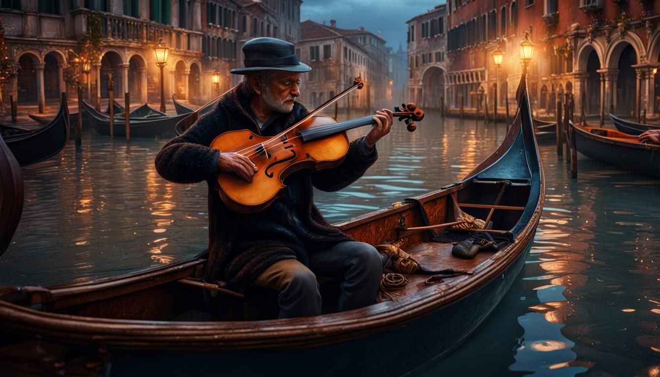 Venice Violinist in Rain: Detailed Matte Painting
