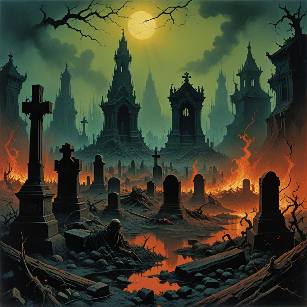 Chaotic Dystopian Graveyard in Fiery Style