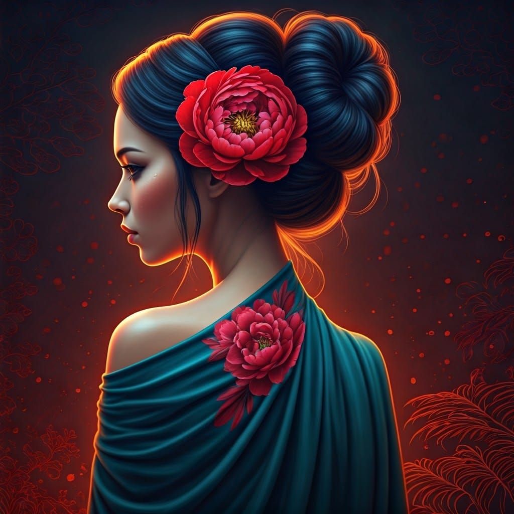 Woman with Red Peony in Digital Matte Painting