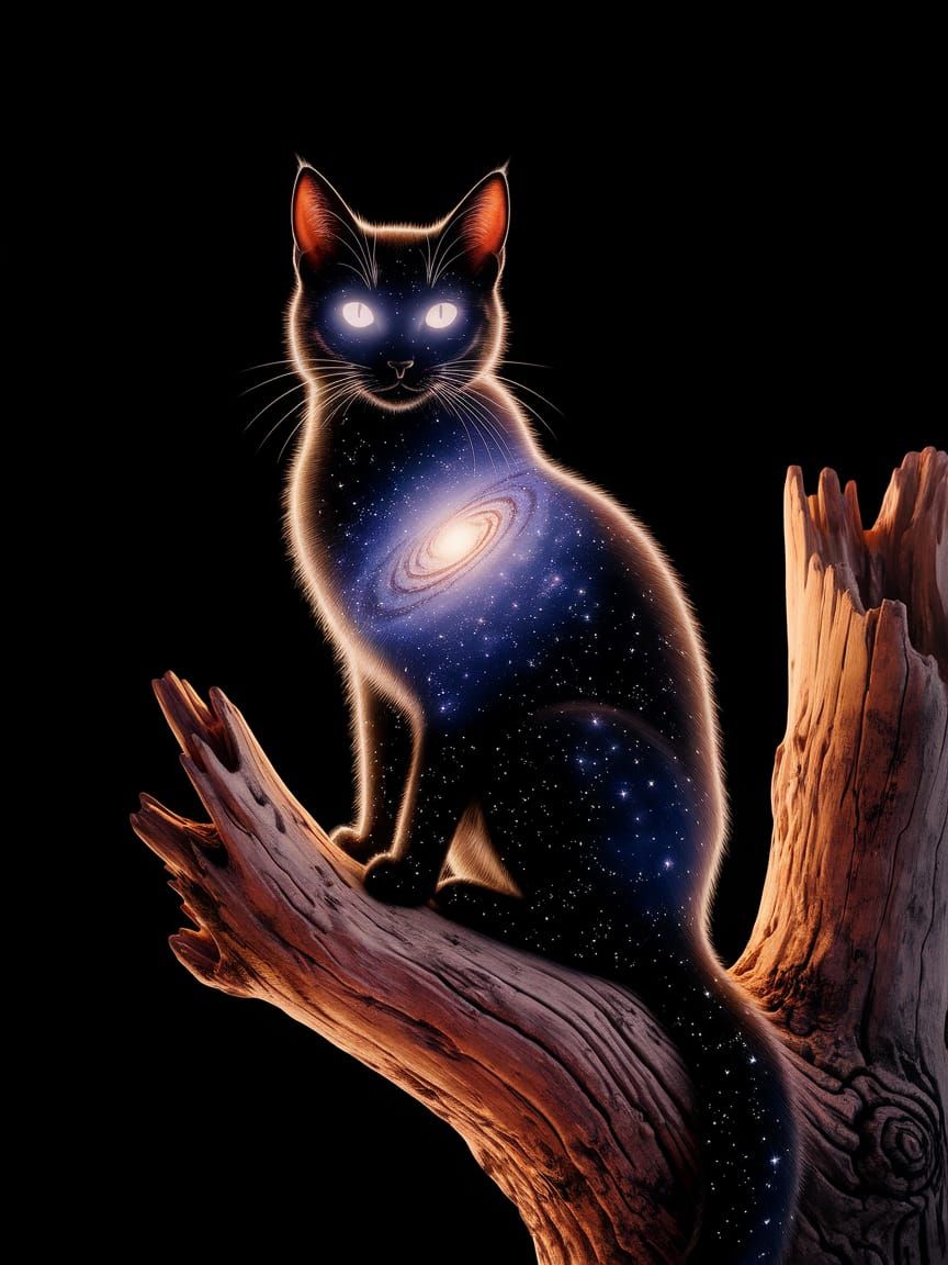 Celestial Cat: A Galaxy Within Watercolor Constellation