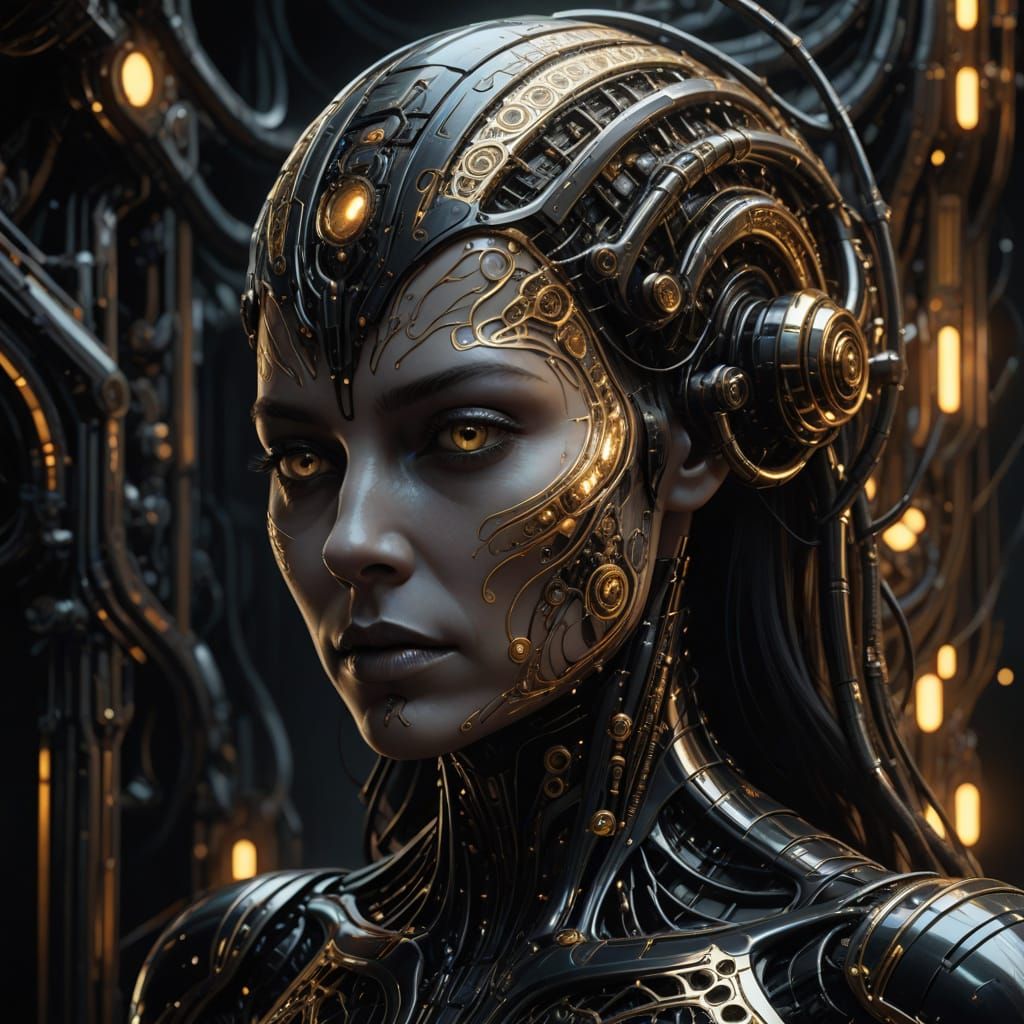 Glowing Woman with Golden Circuit Board Skin in Futuristic S...