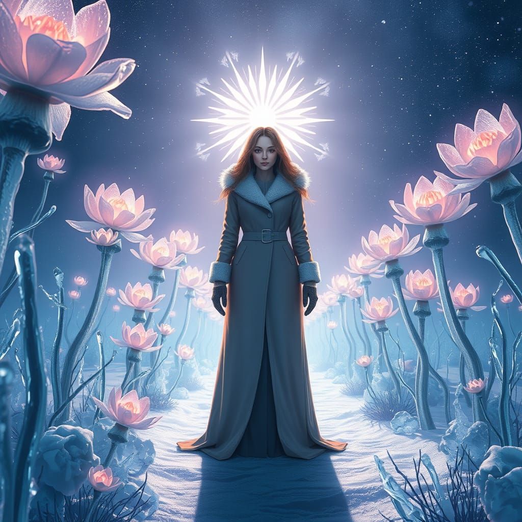 Serene Winter Figure Amidst Frosty Floral Landscape