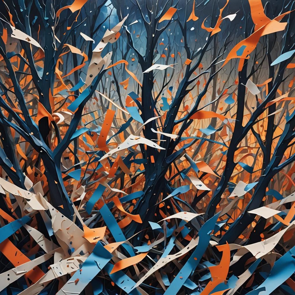 Surreal Torn Paper Forest in Abstract Expressionist Style