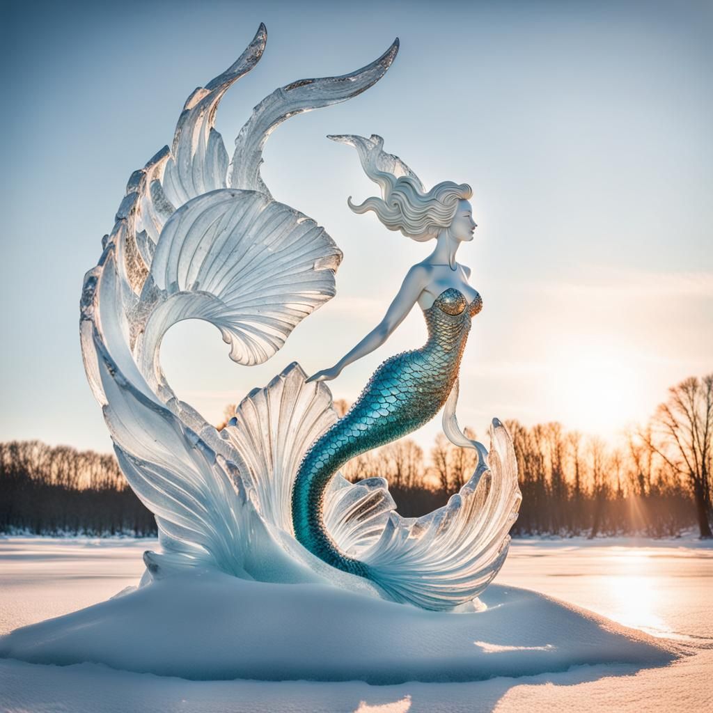 Stunning Mermaid Ice Sculpture in Morning Light