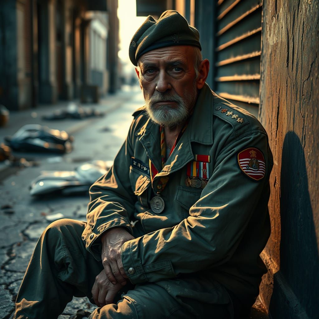 A Grizzled Veteran's Pride in Tattered Uniform