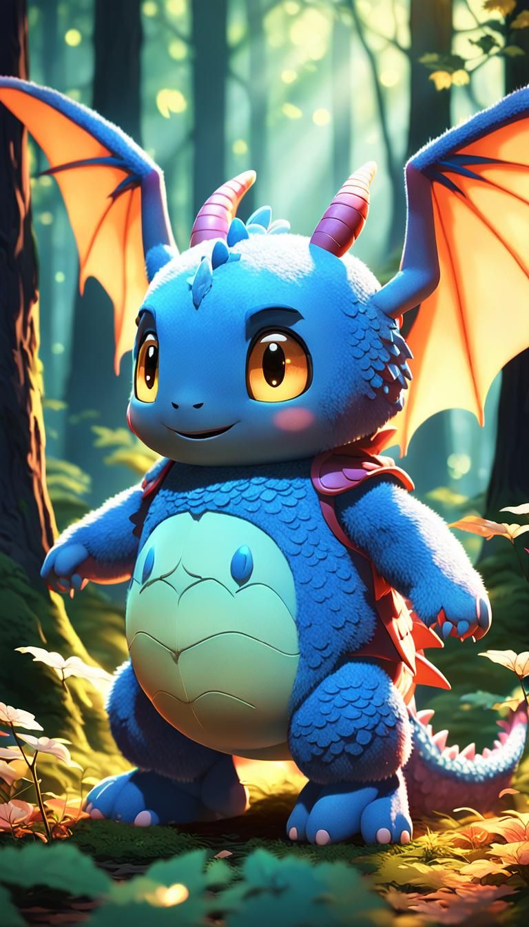 Cartoon Telly Tubby and Dragon in Anime Style