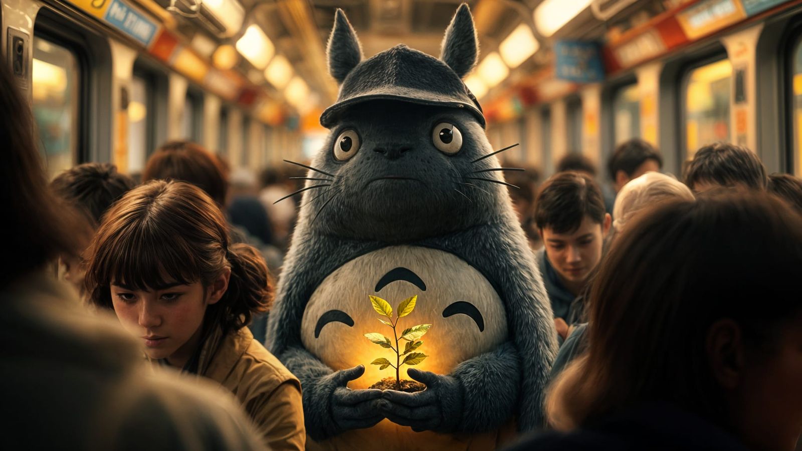 Totoro Amidst the City Commute in Whimsical Art Nouveau Styl...
