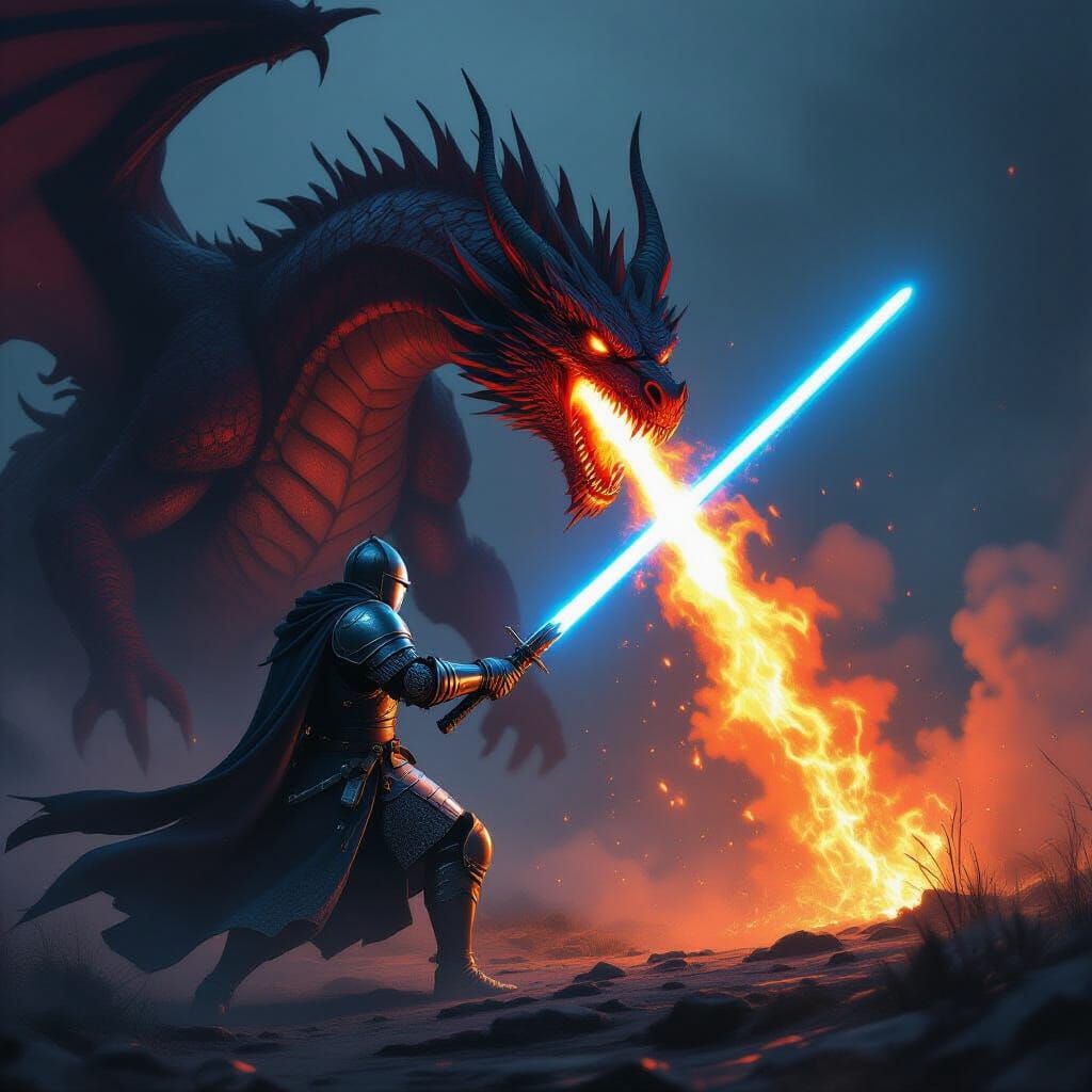 Knight Battles Dragon with Blue Lightsaber in Misty Landscap...