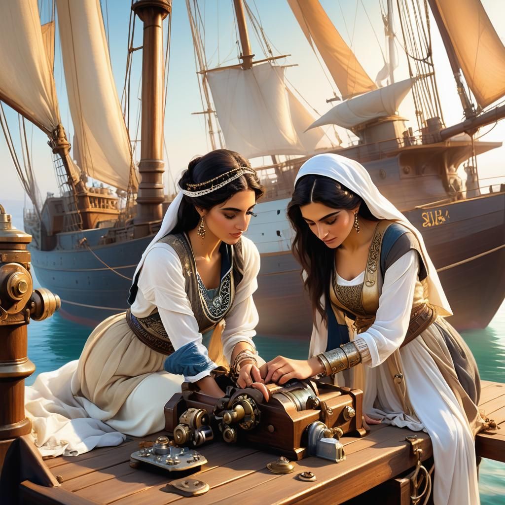 Inventive Woman by Dock: Atmospheric Concept Art