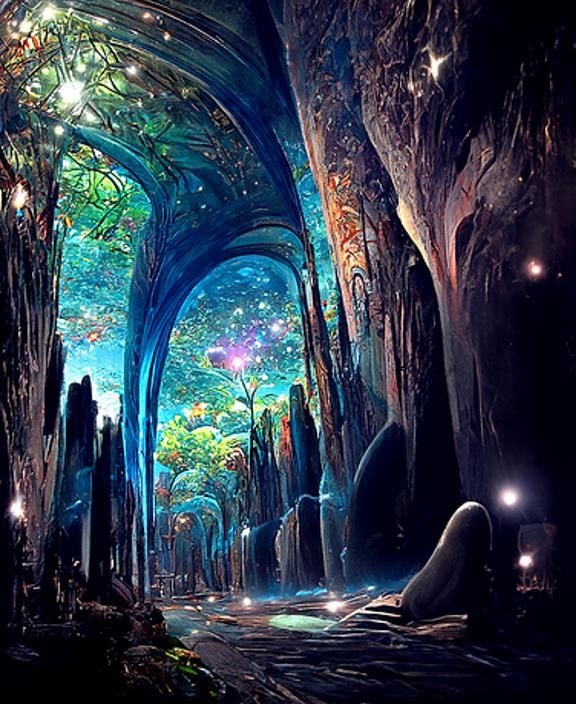 Luminescent Portal in Overgrown Cave, Digital Art