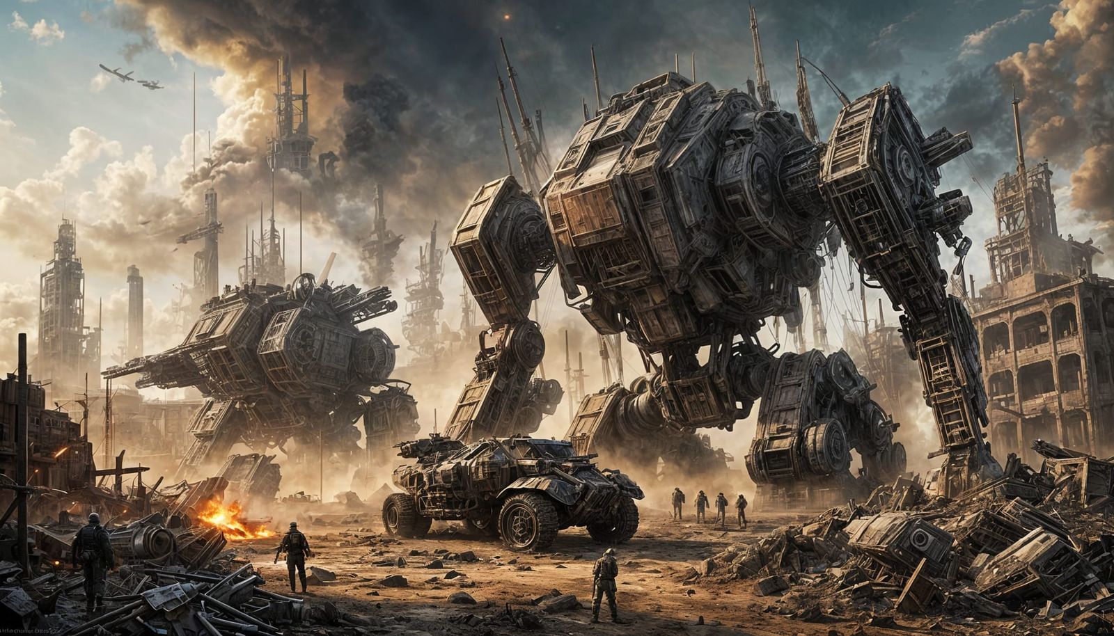 Colossal War Mechs in a Devastated Landscape