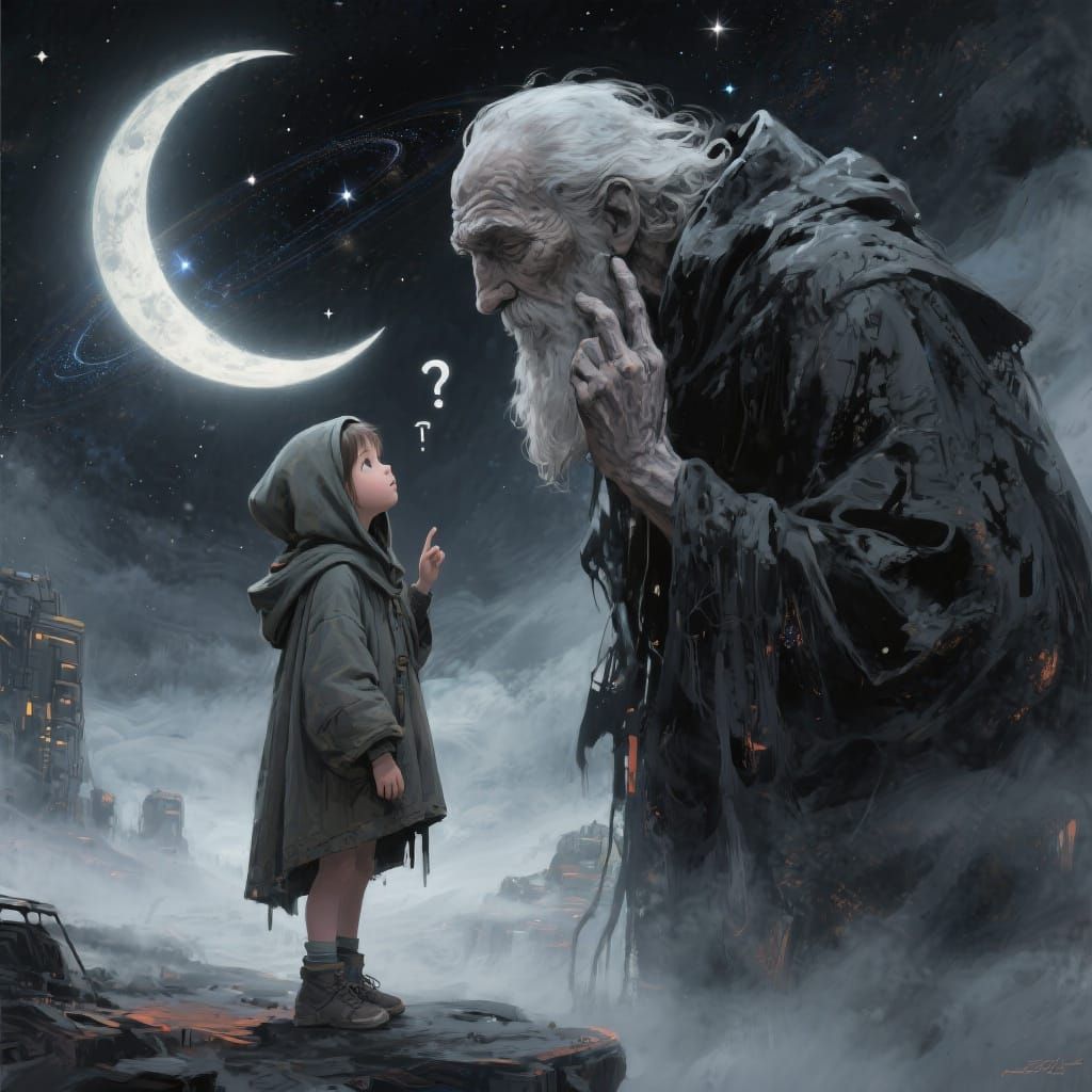 Contemplative Child and Philosopher Under Crescent Moon