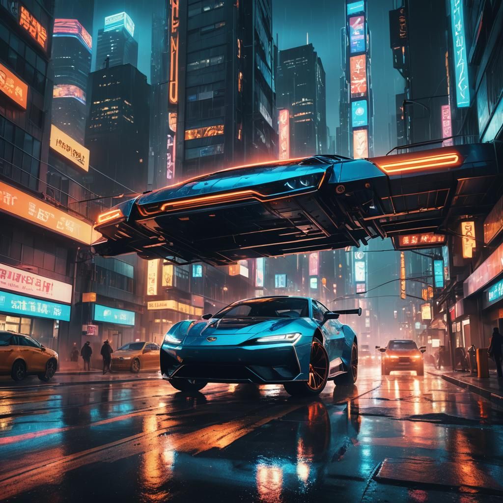 Futuristic Car Hovering Over Traffic in Neon Cityscape