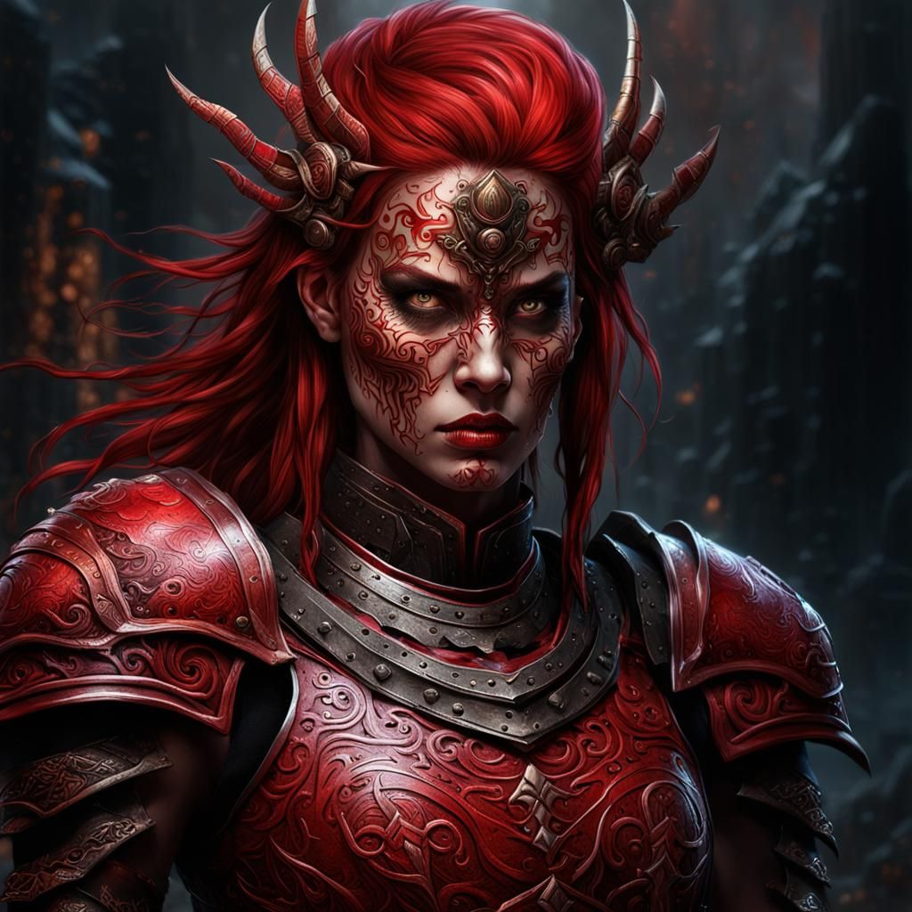 Hell-Born Warrior Woman in Red Armor: Dark Fantasy Art
