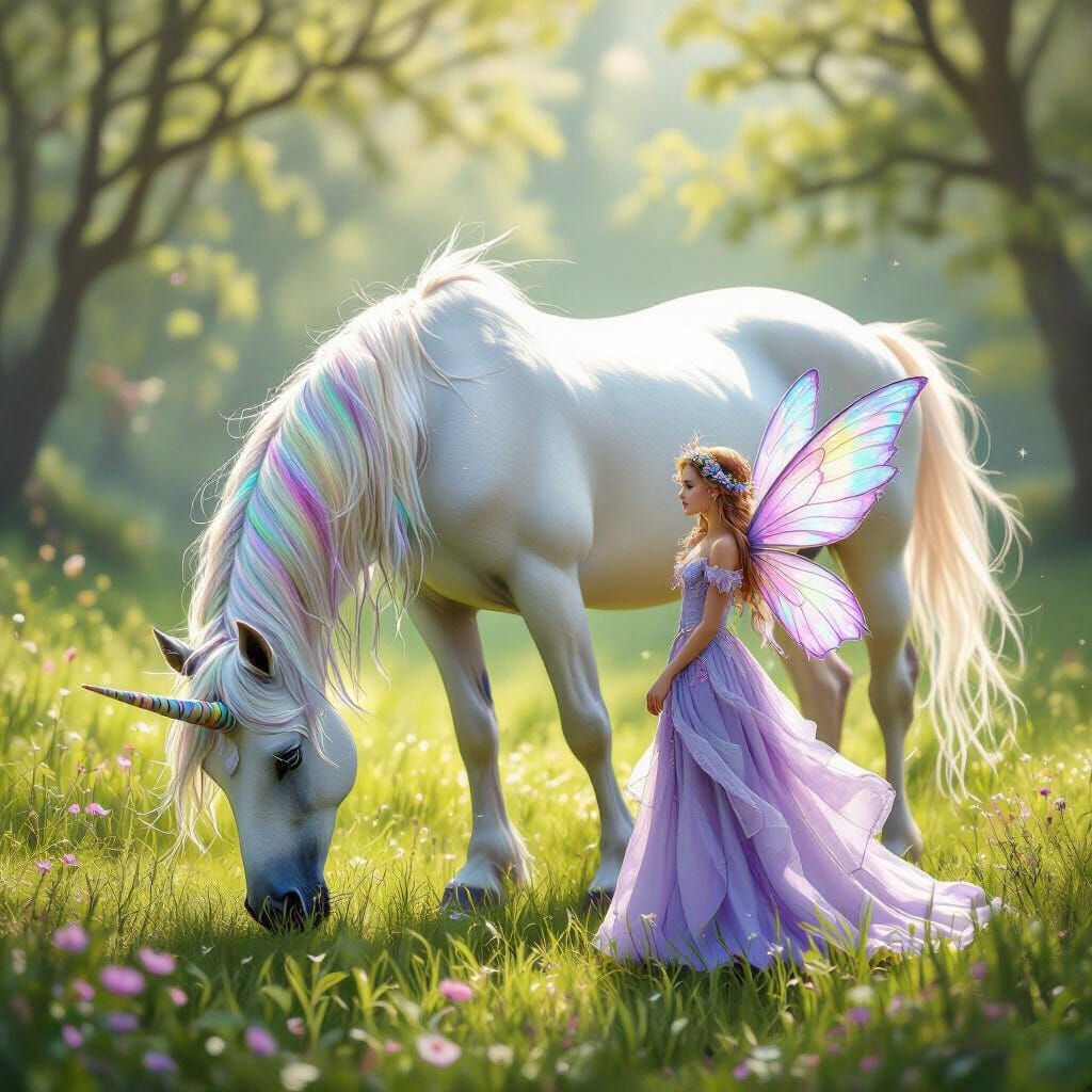 Unicorn and Fairy in Lush Meadow, Fantasy Art