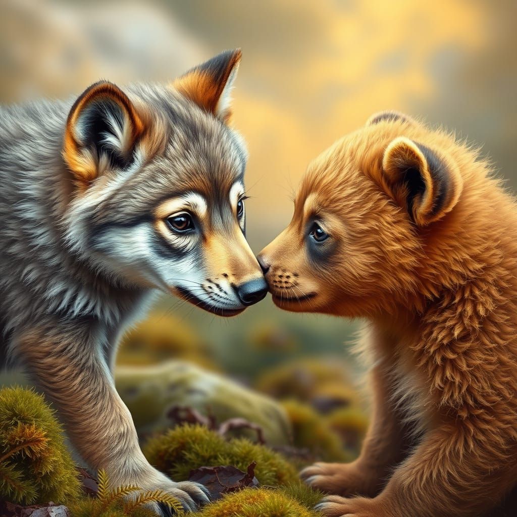 Hyperrealistic Portrait of Curious Wolf Pup and Grizzly Bear...