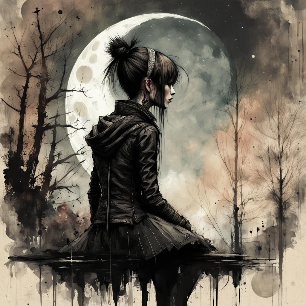 Gothic Punk Girl Gazing at Moon, Mixed Media Style