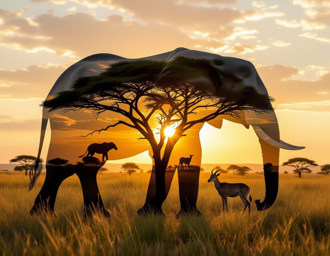 Surreal Elephant Double Exposure on African Savanna