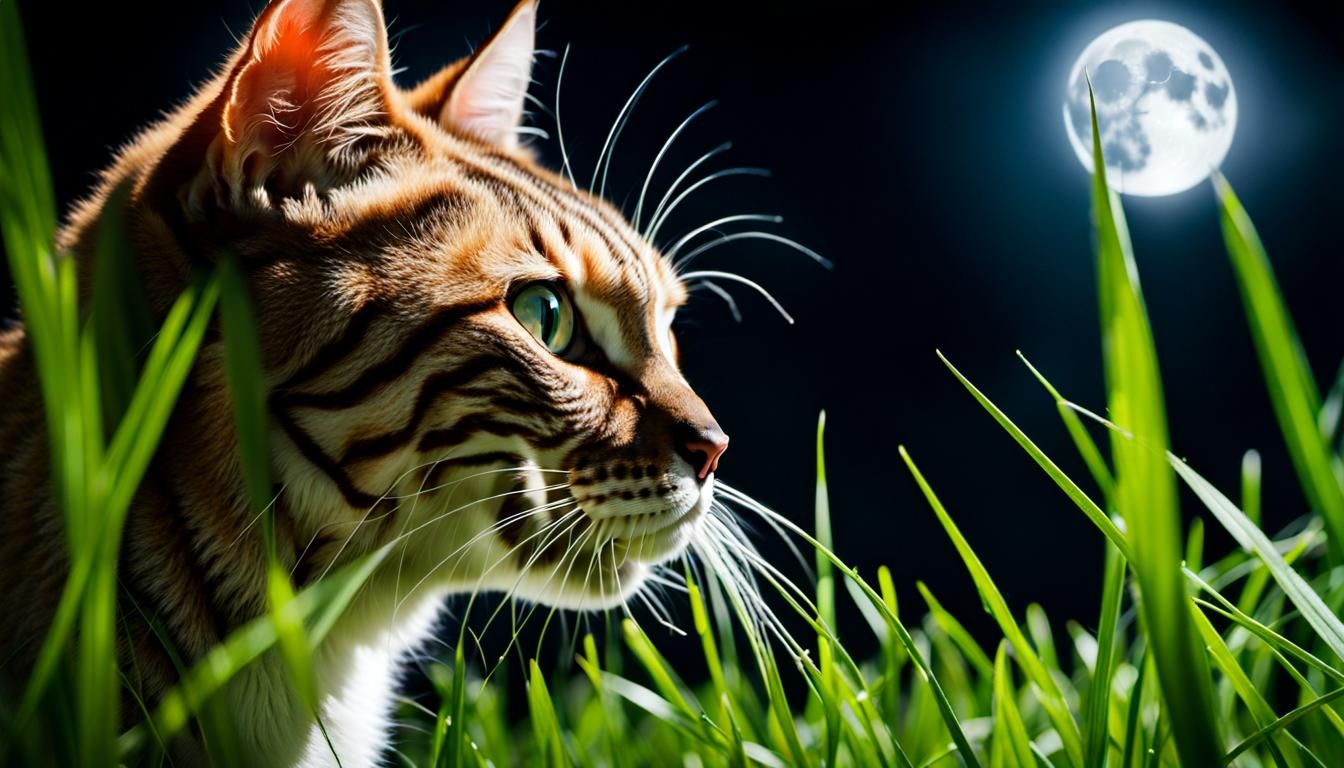 Moonlit Cat Creeping Through Tall Grass