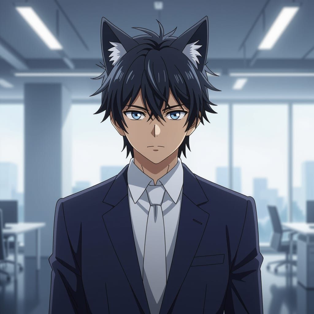Anime Wolf Boy in Sharp Suit, Gray-Silver Eyes