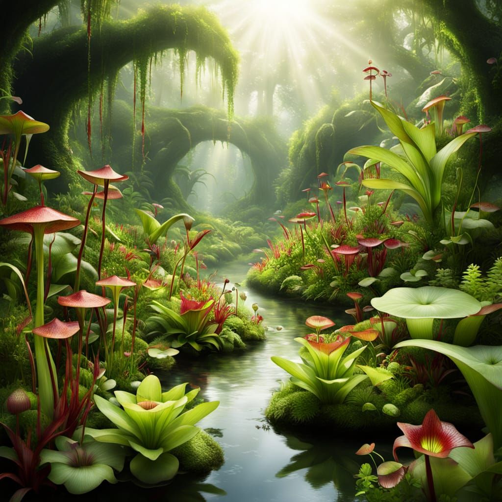 Surreal Carnivorous Plant Sanctuary in Serene River Landscap...